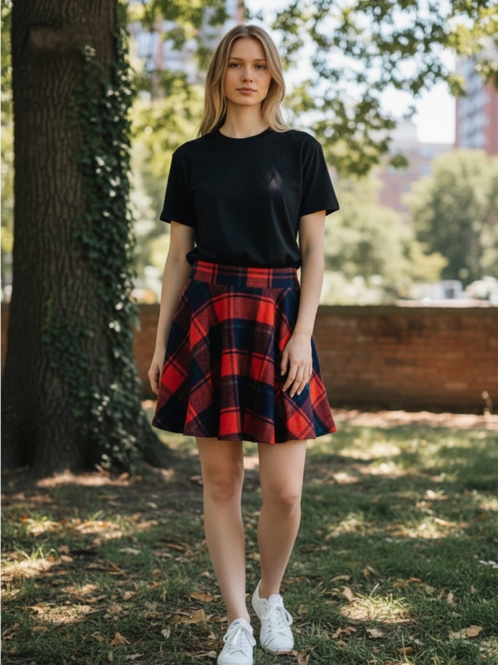 Women’s Plaid Circle Skirt in Orange and Navy M NWOT